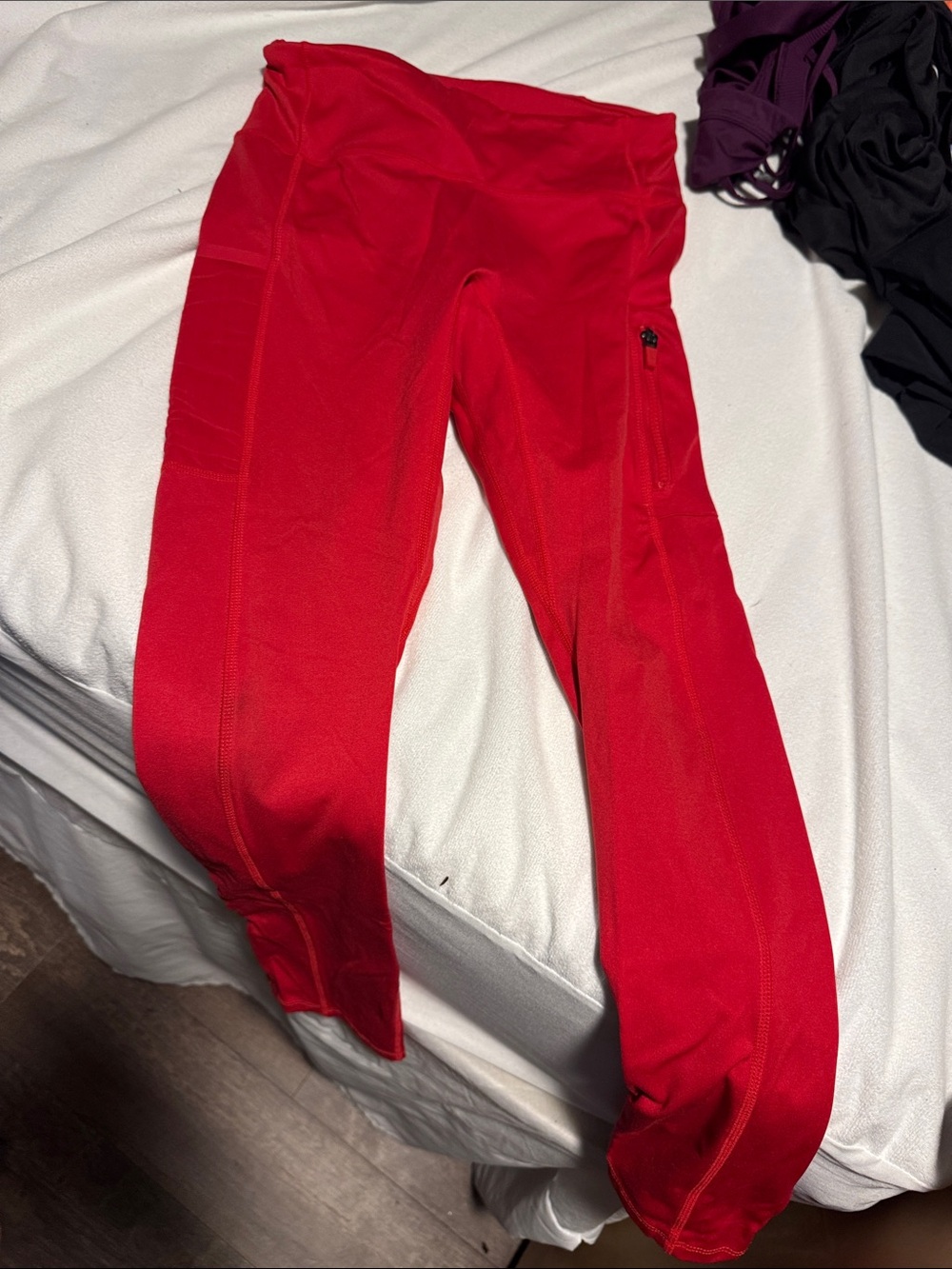Fabletics Red Performance Leggings with Zipper Pocket and mesh pocket
